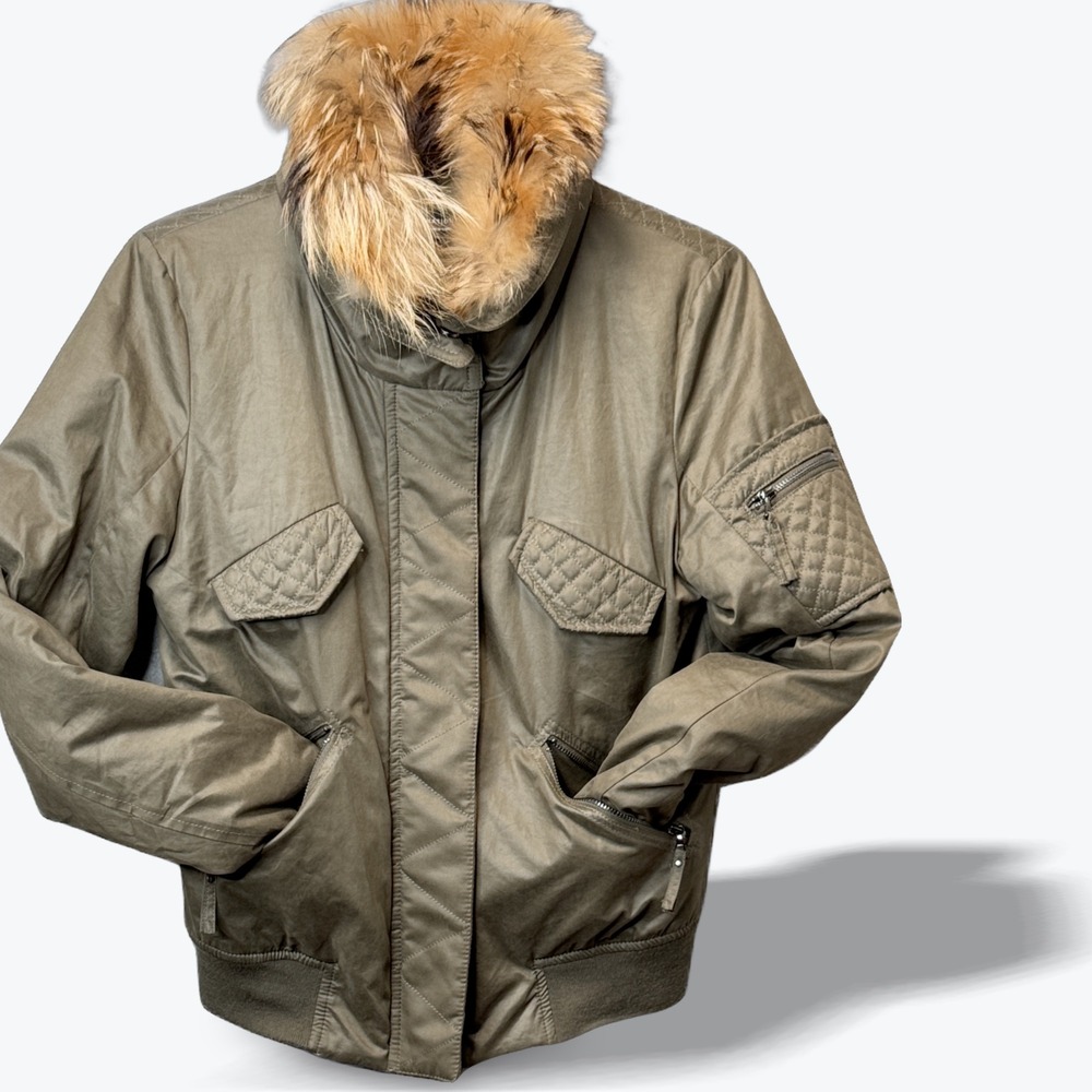 Generation Love Bomber Jacket Real Racoon‎ Fur Collar Olive Green Womens XS